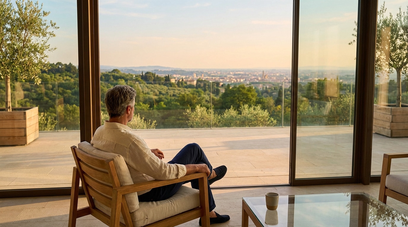 Un homme de dos contemple une vaste vue panoramique sur une ville lointaine et des collines verdoyantes depuis une terrasse luxueuse.
