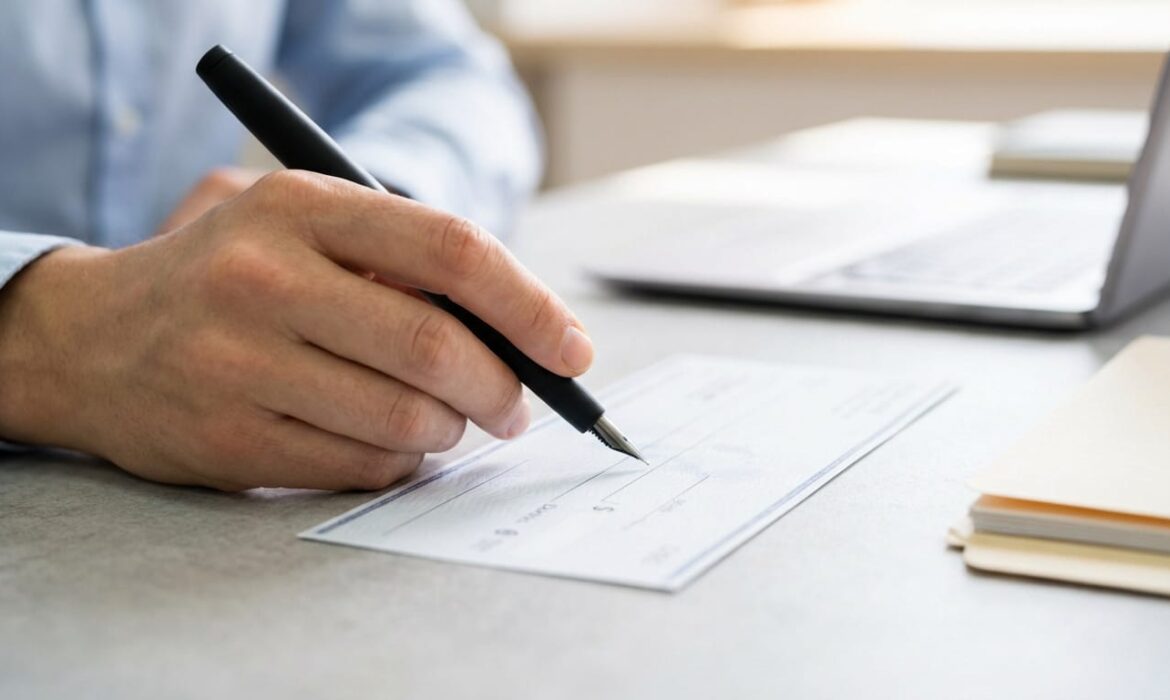 Main d'homme en chemise bleue s'apprêtant à remplir un chèque avec un stylo-plume sur un bureau. Ordinateur et dossiers flous.