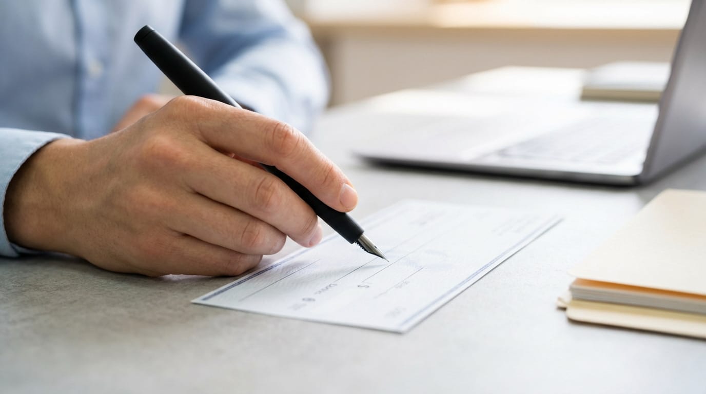 Main d'homme en chemise bleue s'apprêtant à remplir un chèque avec un stylo-plume sur un bureau. Ordinateur et dossiers flous.