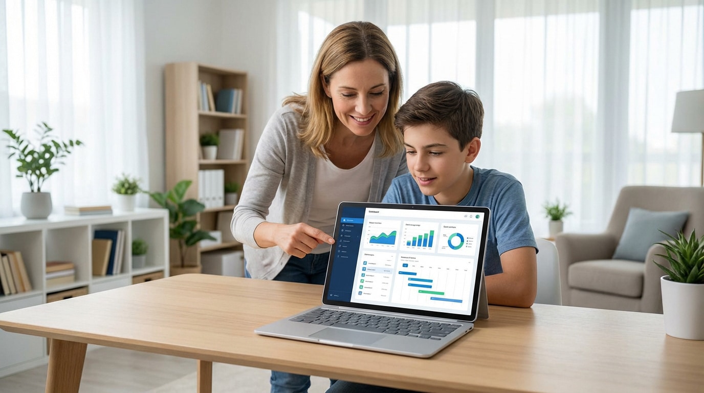 Mère et fils souriants interagissent avec un tableau de bord éducatif sur un ordinateur portable à la maison.
