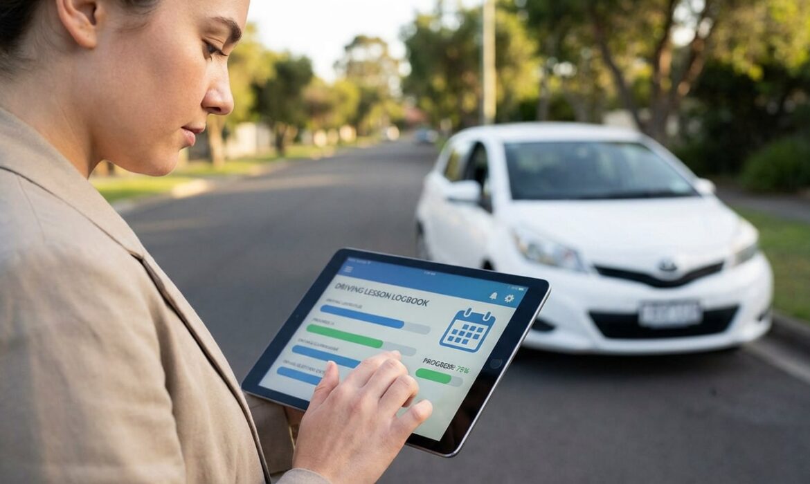 Jeune femme utilisant une tablette affichant un carnet de bord de leçons de conduite, avec une voiture blanche en arrière-plan.