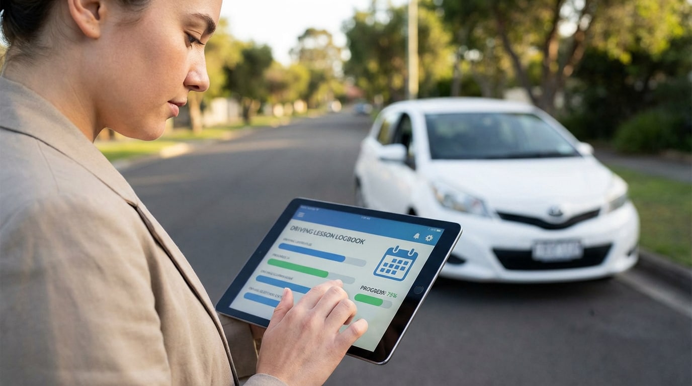Jeune femme utilisant une tablette affichant un carnet de bord de leçons de conduite, avec une voiture blanche en arrière-plan.