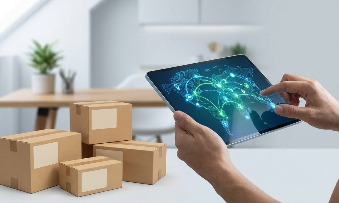 Mains sur une tablette montrant une carte du monde avec un réseau de suivi de livraisons, des colis en carton à côté.