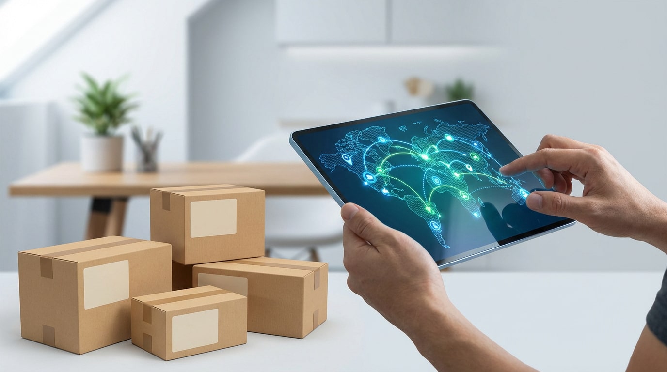 Mains sur une tablette montrant une carte du monde avec un réseau de suivi de livraisons, des colis en carton à côté.