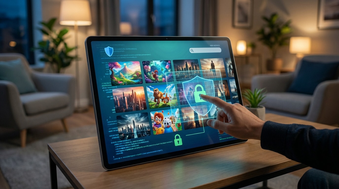 Main sélectionnant un cadenas de sécurité sur une tablette affichant une interface de streaming (films, dessins animés) dans un salon.