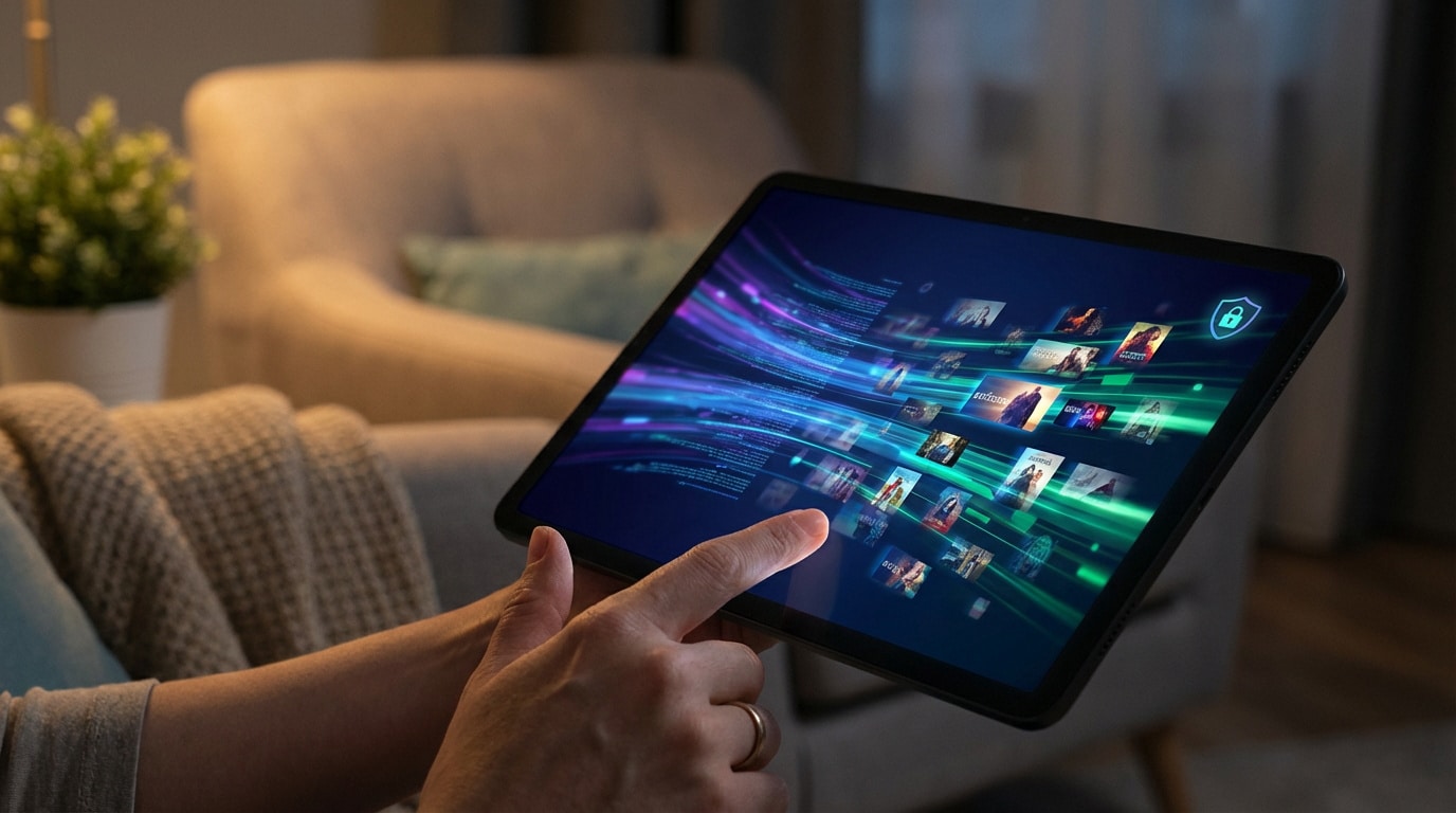 Personne sur un canapé utilise une tablette. L'écran montre une interface de streaming vidéo avec des données et un cadenas lumineux.