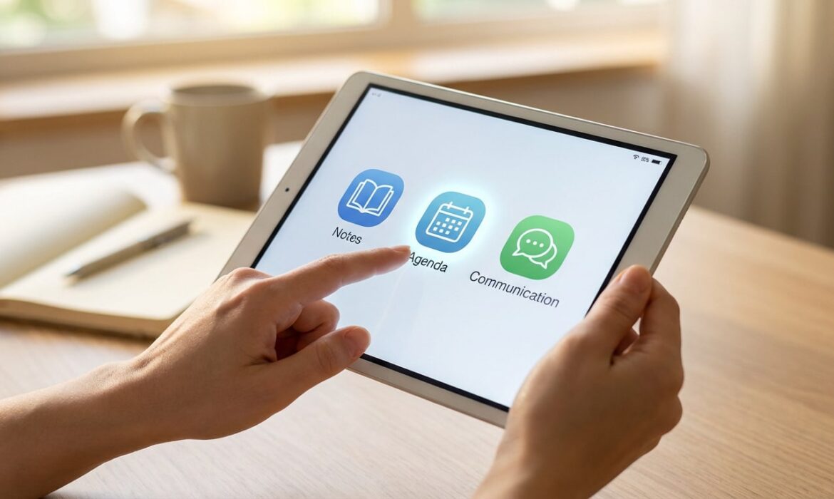 Main tapant sur l'icône 'Agenda' d'une tablette. Les applications 'Notes' et 'Communication' sont aussi visibles, sur un bureau en bois.