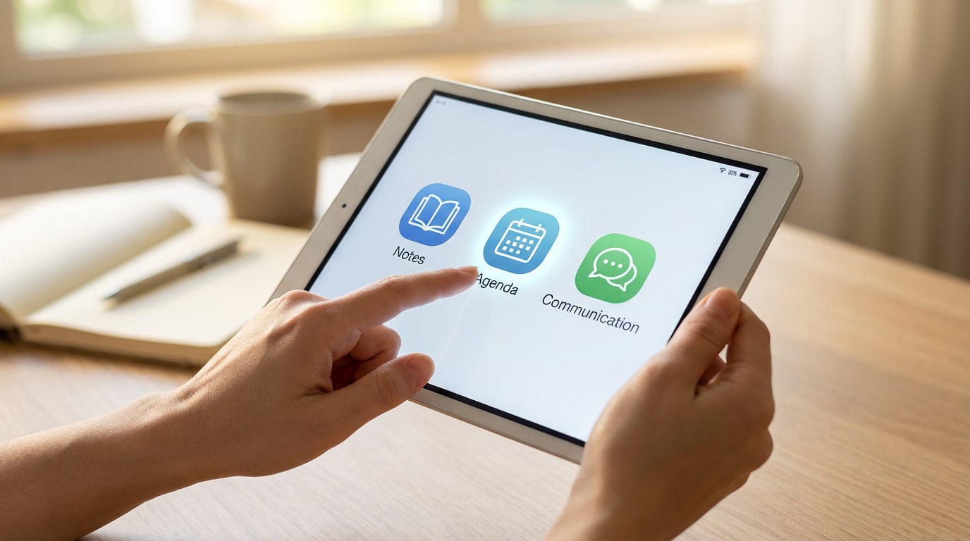 Main tapant sur l'icône 'Agenda' d'une tablette. Les applications 'Notes' et 'Communication' sont aussi visibles, sur un bureau en bois.