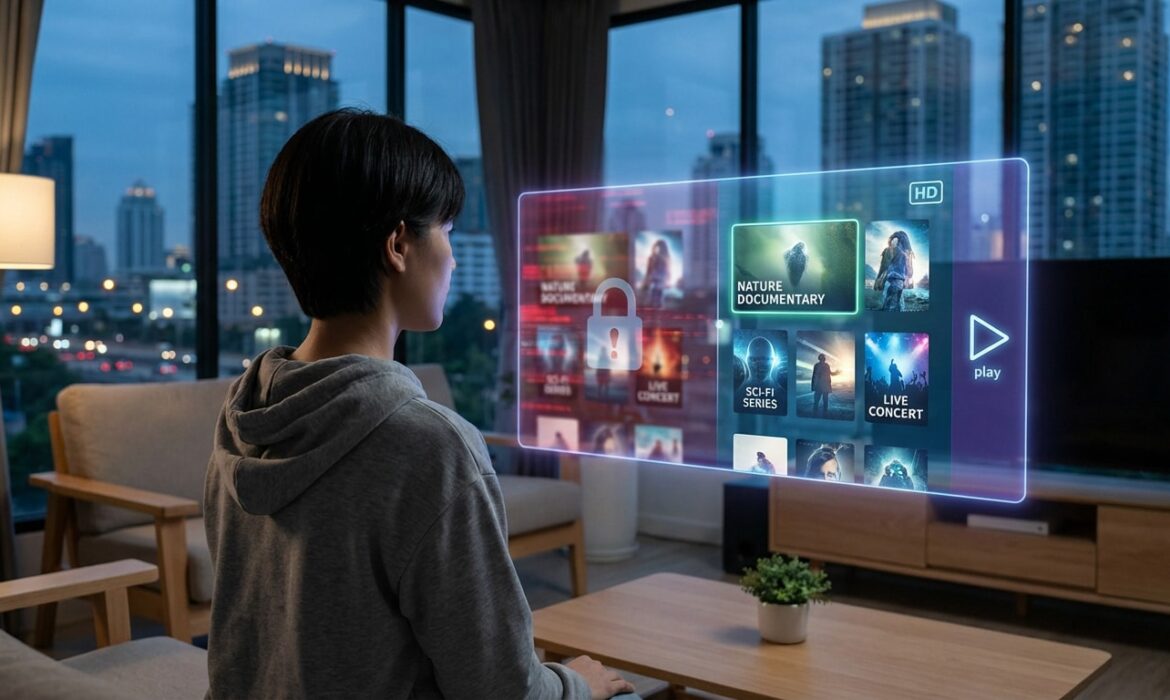 Vue arrière d'une personne face à une interface de streaming holographique affichant du contenu, dont un élément verrouillé, dans un salon moderne avec vue sur une ville nocturne.