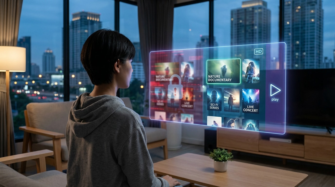 Vue arrière d'une personne face à une interface de streaming holographique affichant du contenu, dont un élément verrouillé, dans un salon moderne avec vue sur une ville nocturne.