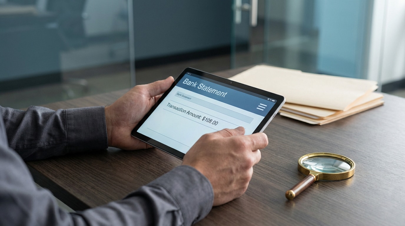Mains tenant une tablette affichant un relevé bancaire avec un prélèvement de 108 $. Une loupe et des dossiers sont sur le bureau.