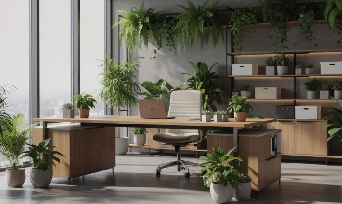 Bureau moderne lumineux avec nombreuses plantes vertes