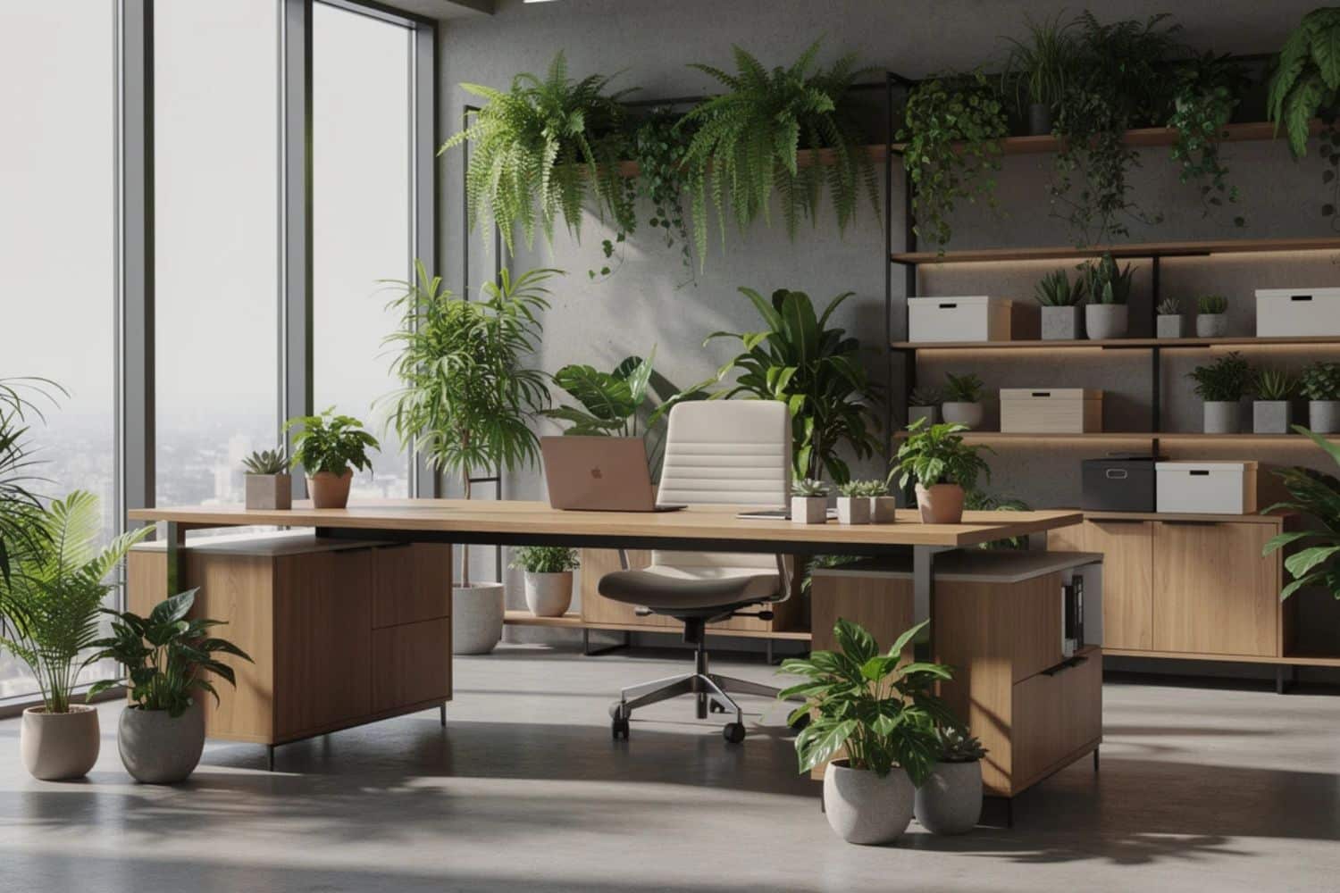 Bureau moderne lumineux avec nombreuses plantes vertes