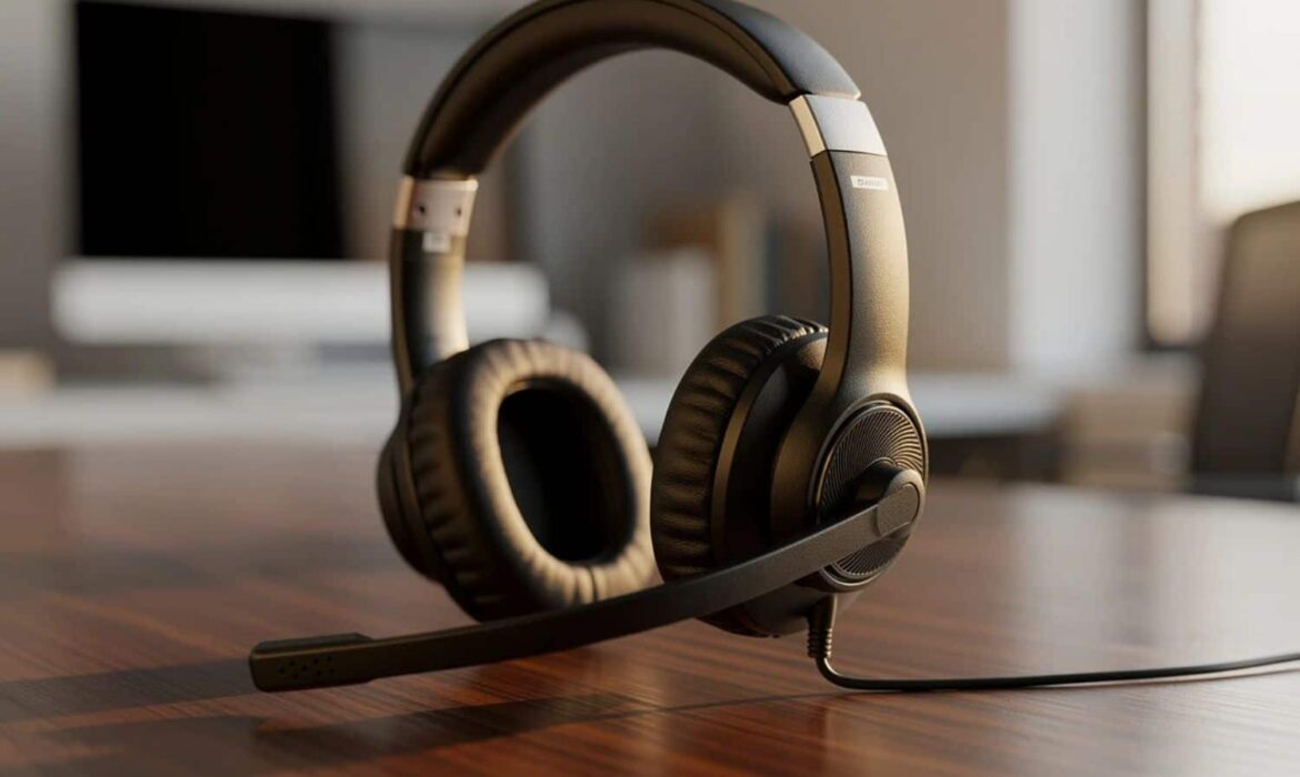 Casque audio avec micro sur bureau en bois