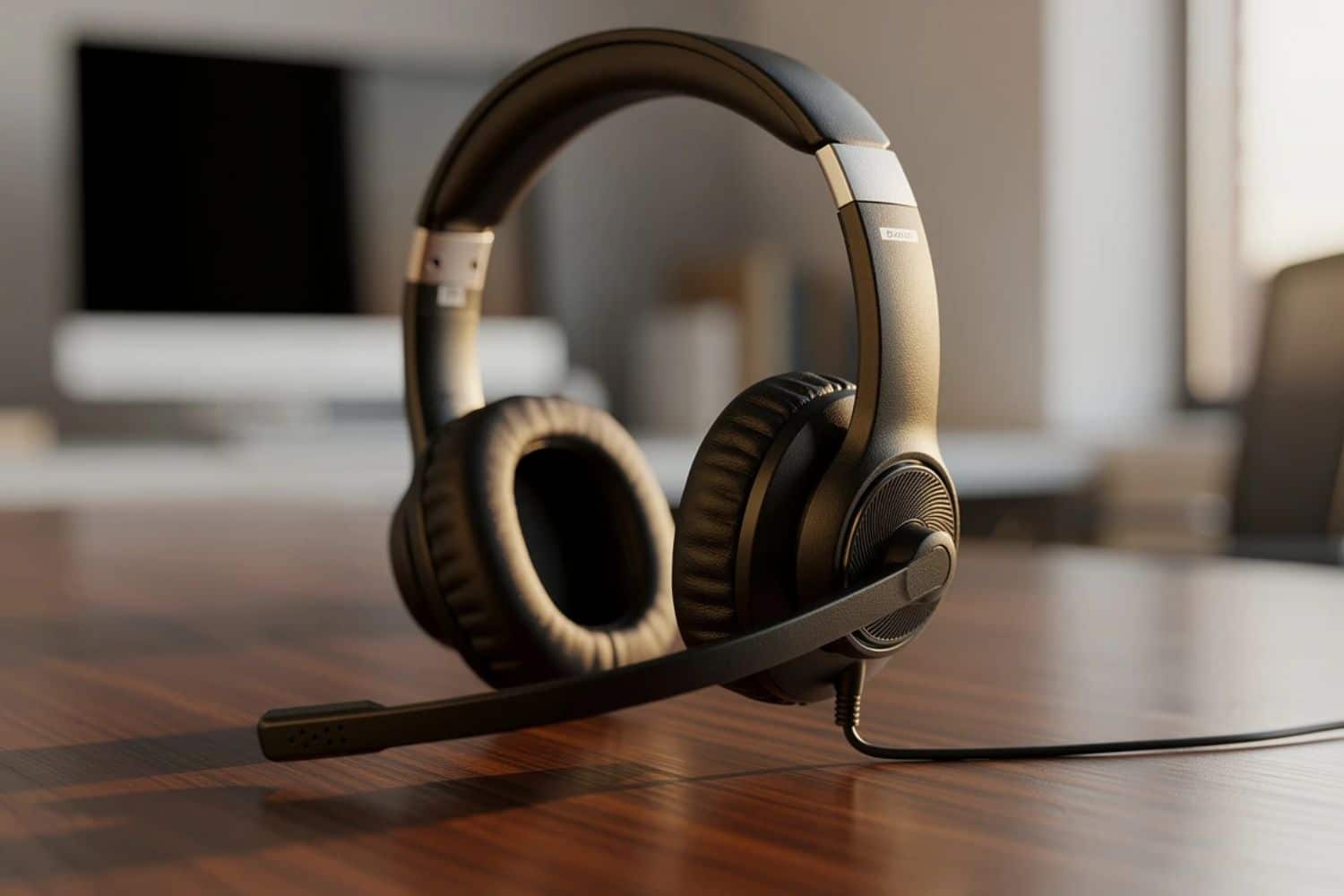 Casque audio avec micro sur bureau en bois