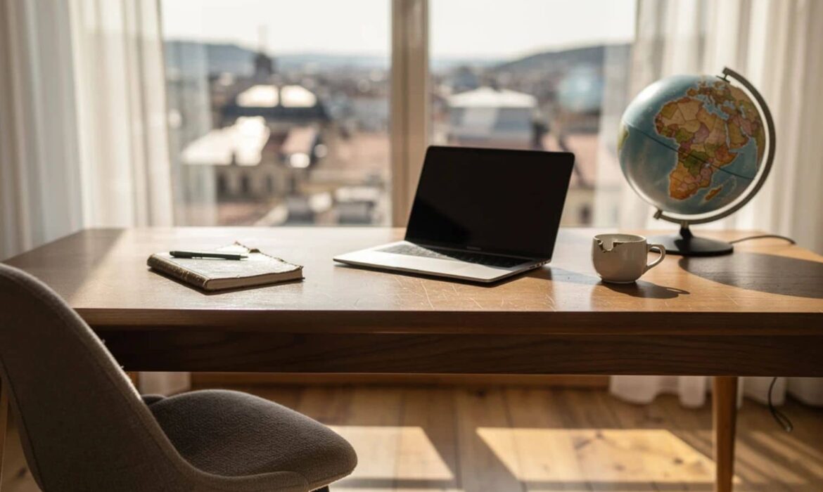 Bureau avec ordinateur portable et globe près fenêtre