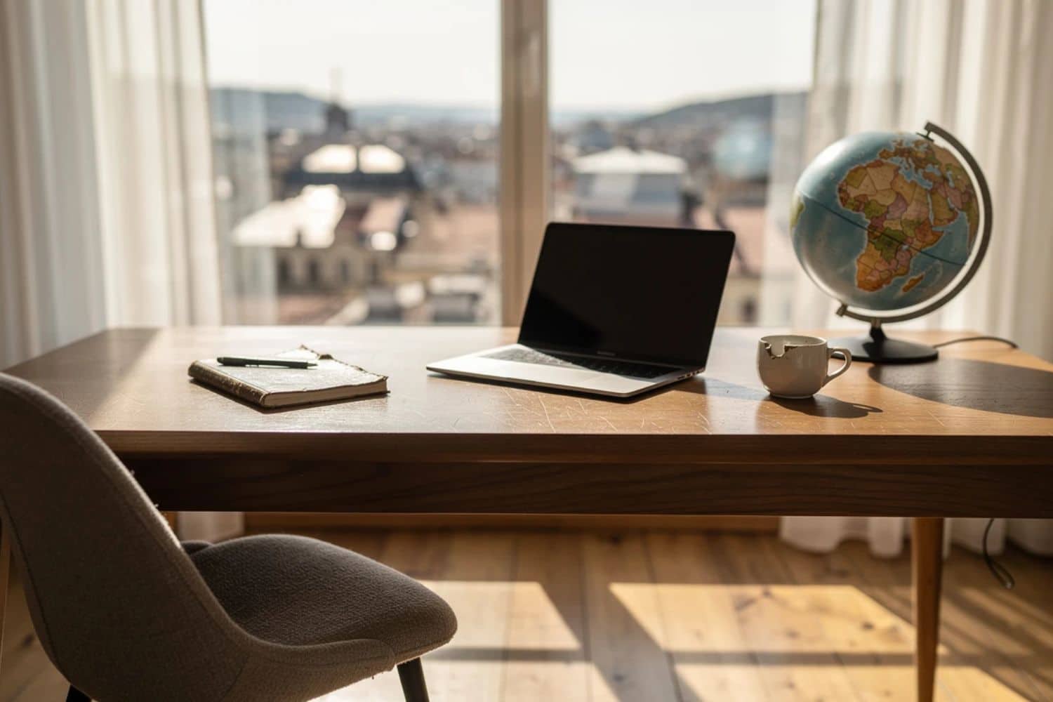 Bureau avec ordinateur portable et globe près fenêtre