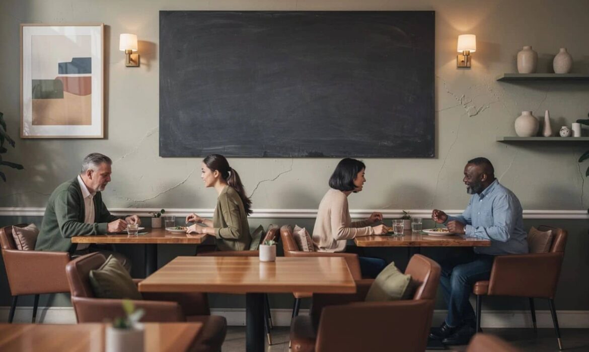 Deux couples dînent dans un restaurant moderne