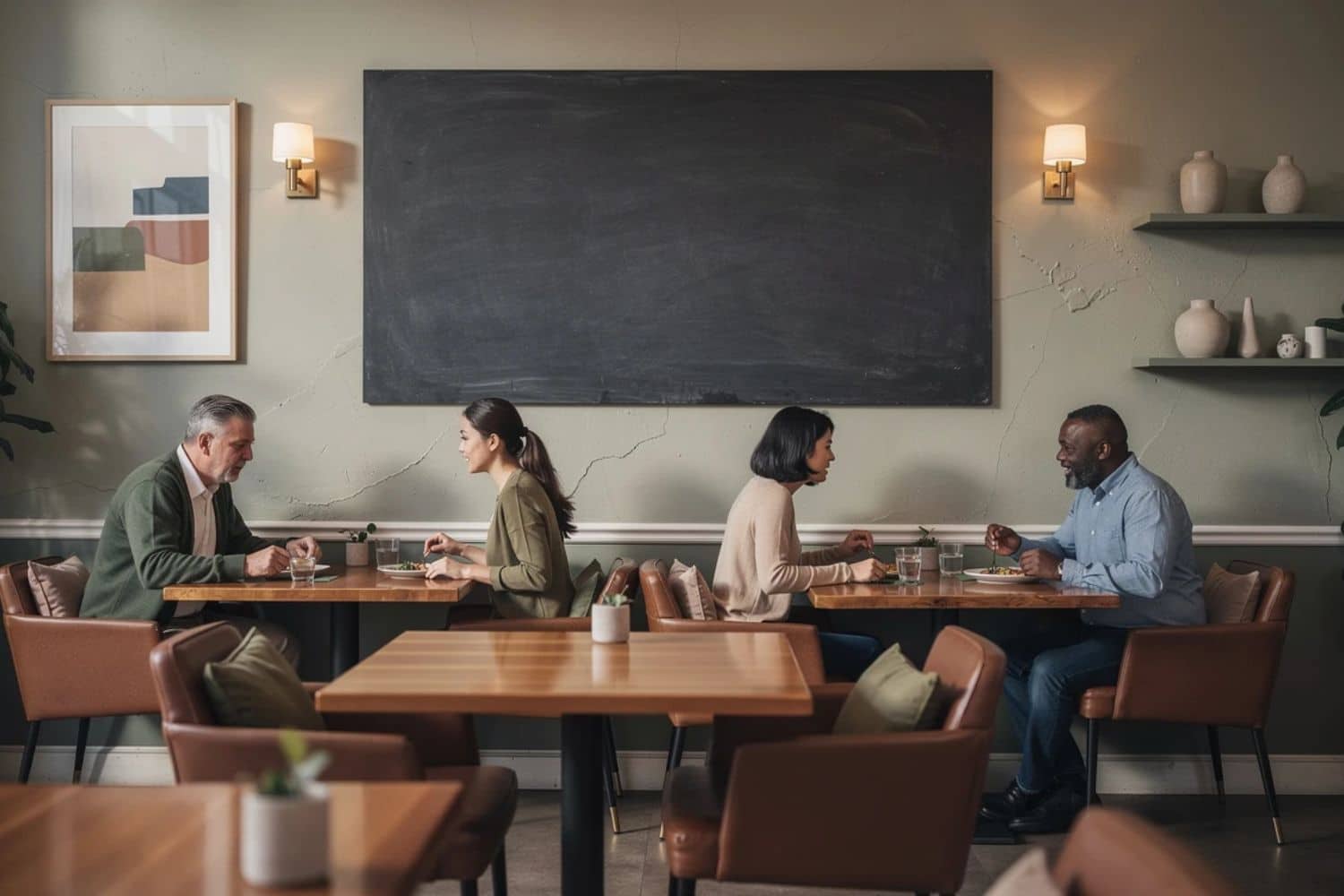 Deux couples dînent dans un restaurant moderne