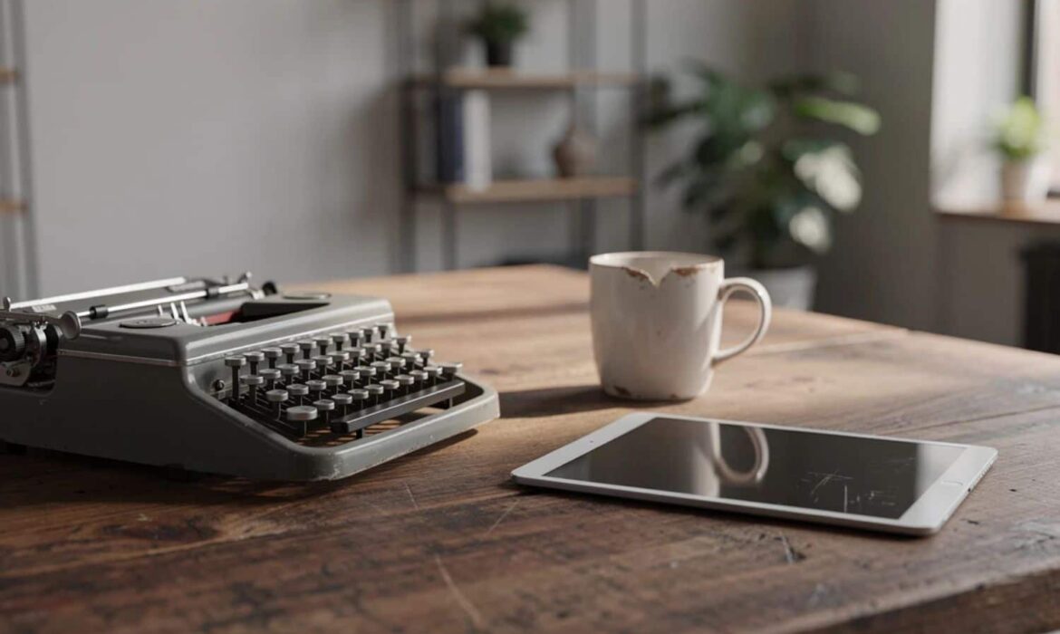 Machine à écrire, tablette et tasse sur bureau