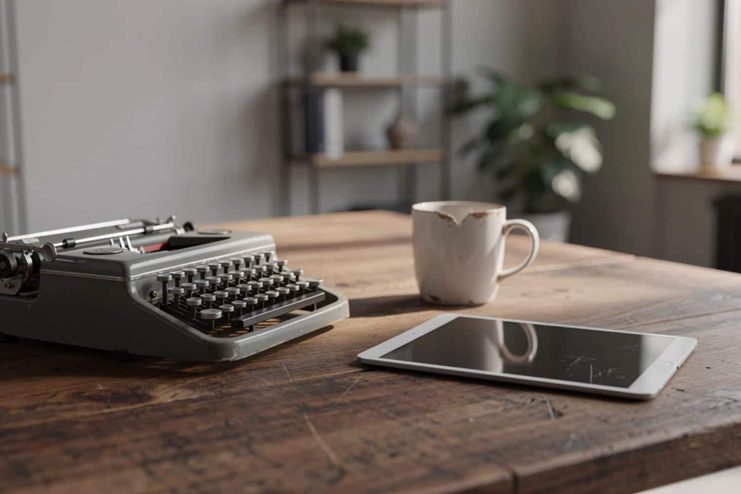 Machine à écrire, tablette et tasse sur bureau