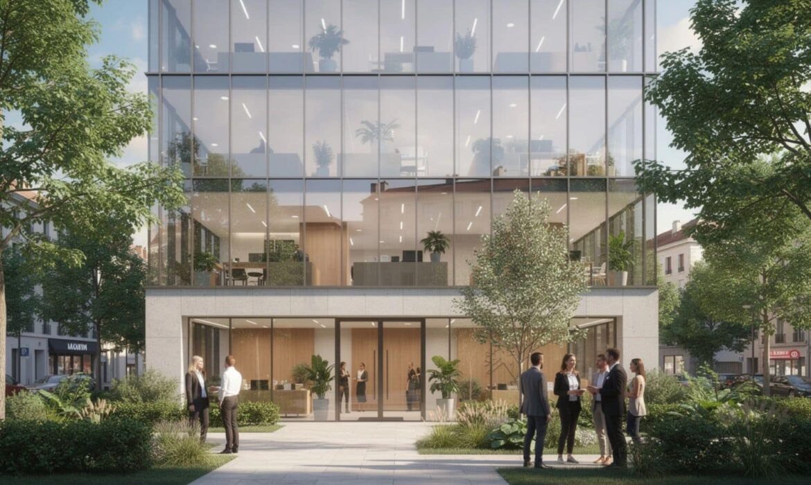 Immeuble de bureaux moderne en verre et verdure