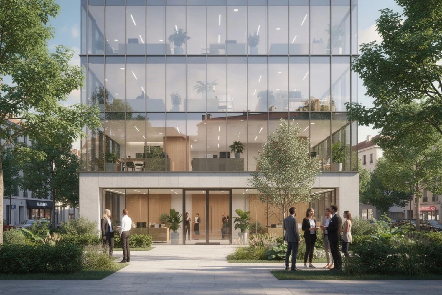 Immeuble de bureaux moderne en verre et verdure