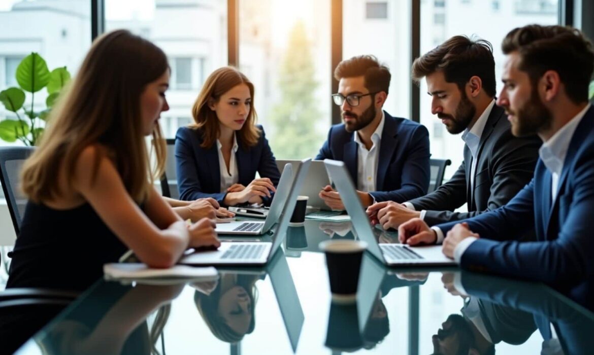 Réunion d'équipe en entreprise autour d'ordinateurs portables