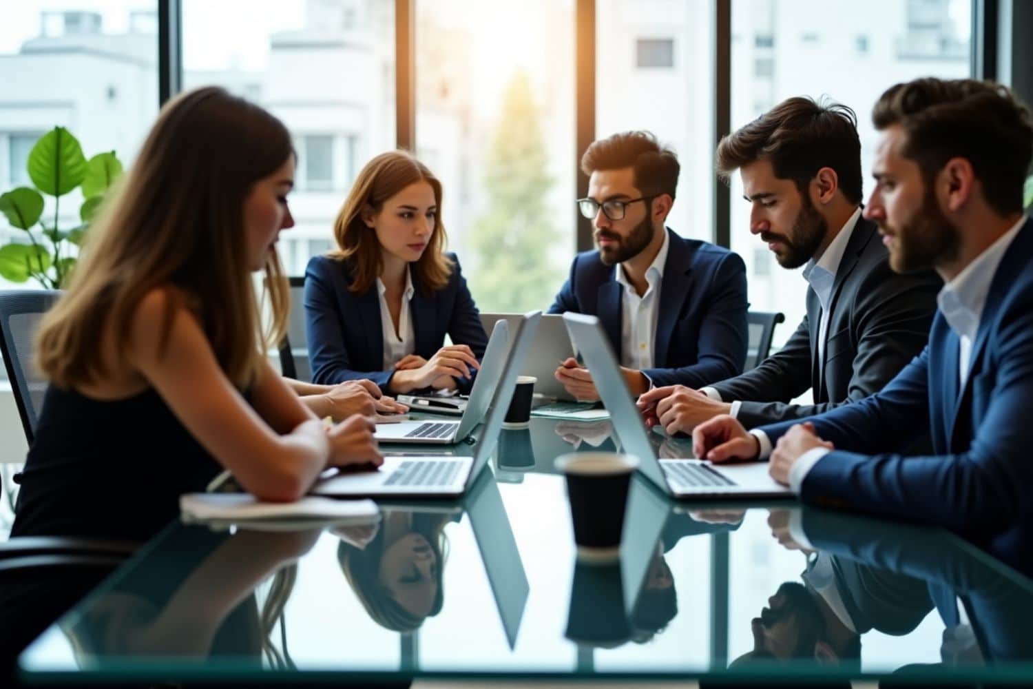 Réunion d'équipe en entreprise autour d'ordinateurs portables