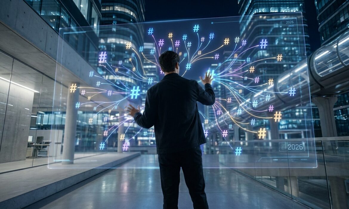 Un homme en costume interagissant avec une interface holographique futuriste remplie de symboles hashtag.
