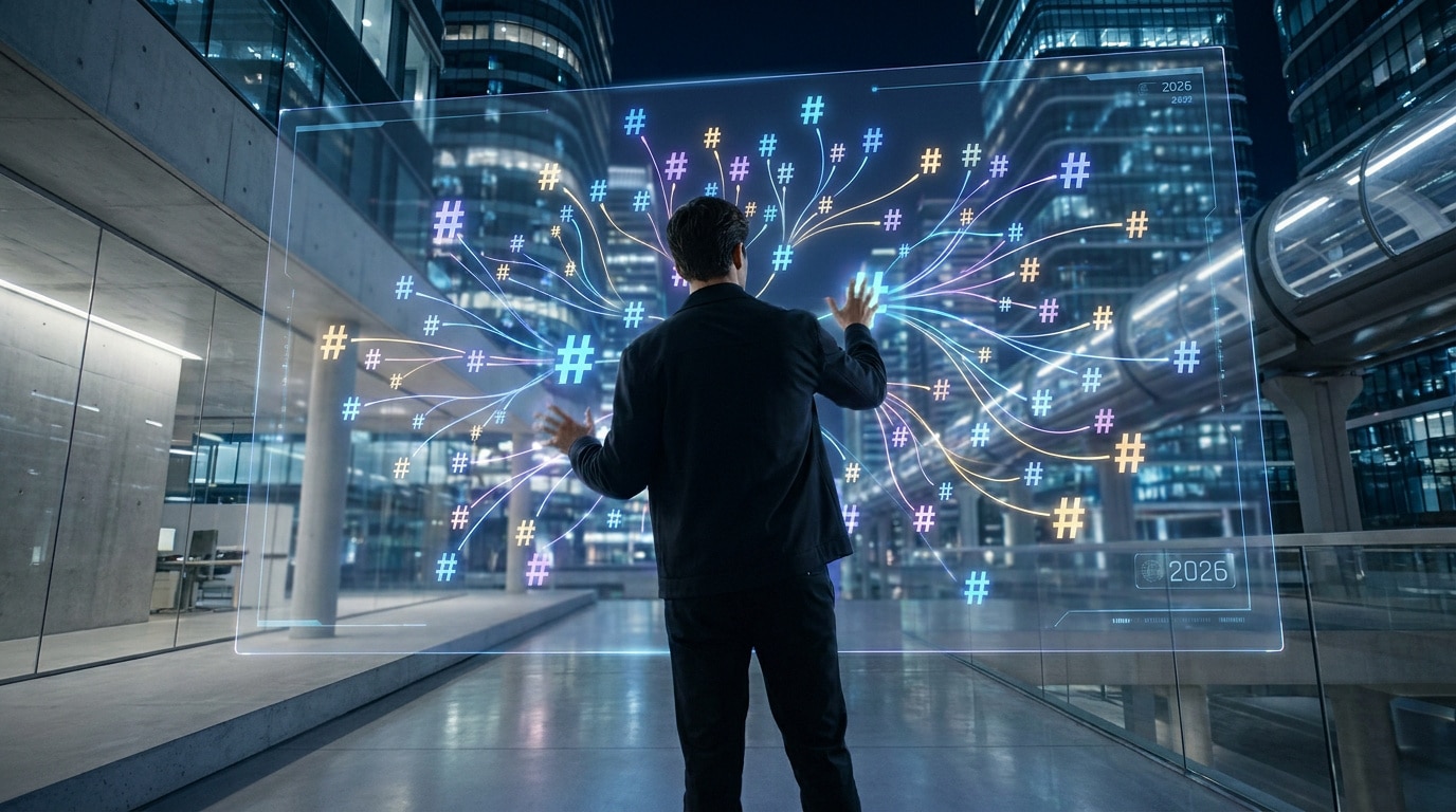 Un homme en costume interagissant avec une interface holographique futuriste remplie de symboles hashtag.