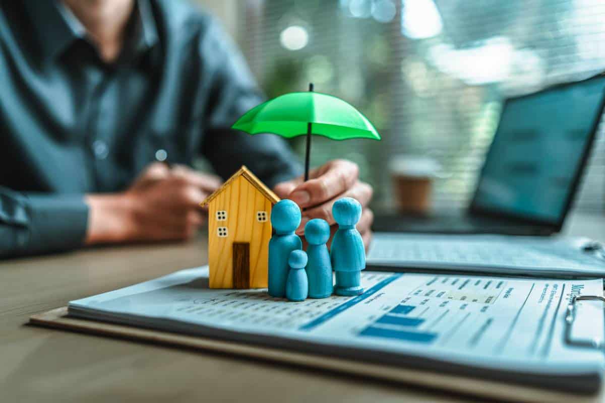 Maison miniature protégée par parapluie, famille figurines