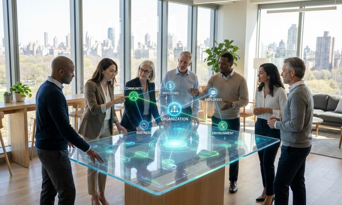 Une équipe de professionnels examine une interface holographique montrant les relations entre une organisation et ses parties prenantes.