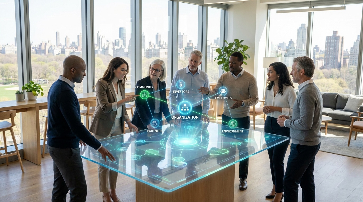 Une équipe de professionnels examine une interface holographique montrant les relations entre une organisation et ses parties prenantes.