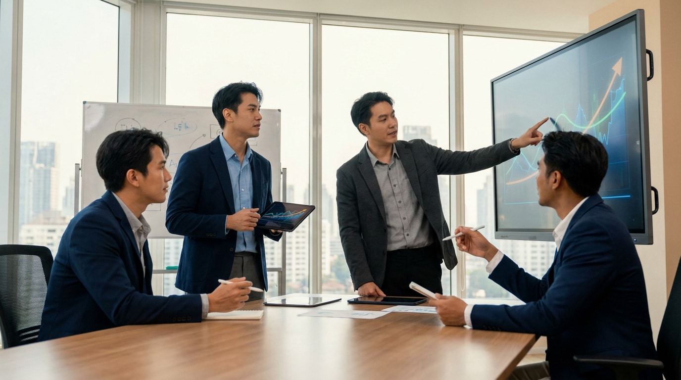 Quatre hommes d'affaires analysant des graphiques de croissance sur un écran dans une salle de réunion moderne.