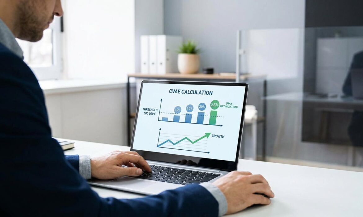 Un professionnel travaille sur un ordinateur affichant un graphique de calcul de CVAE et des indicateurs de croissance.