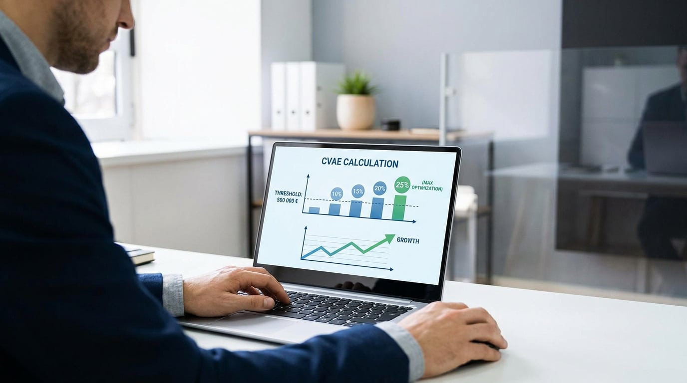 Un professionnel travaille sur un ordinateur affichant un graphique de calcul de CVAE et des indicateurs de croissance.