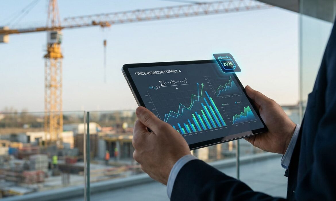 Une personne en costume tient une tablette affichant des graphiques de révision de prix devant un chantier de construction.