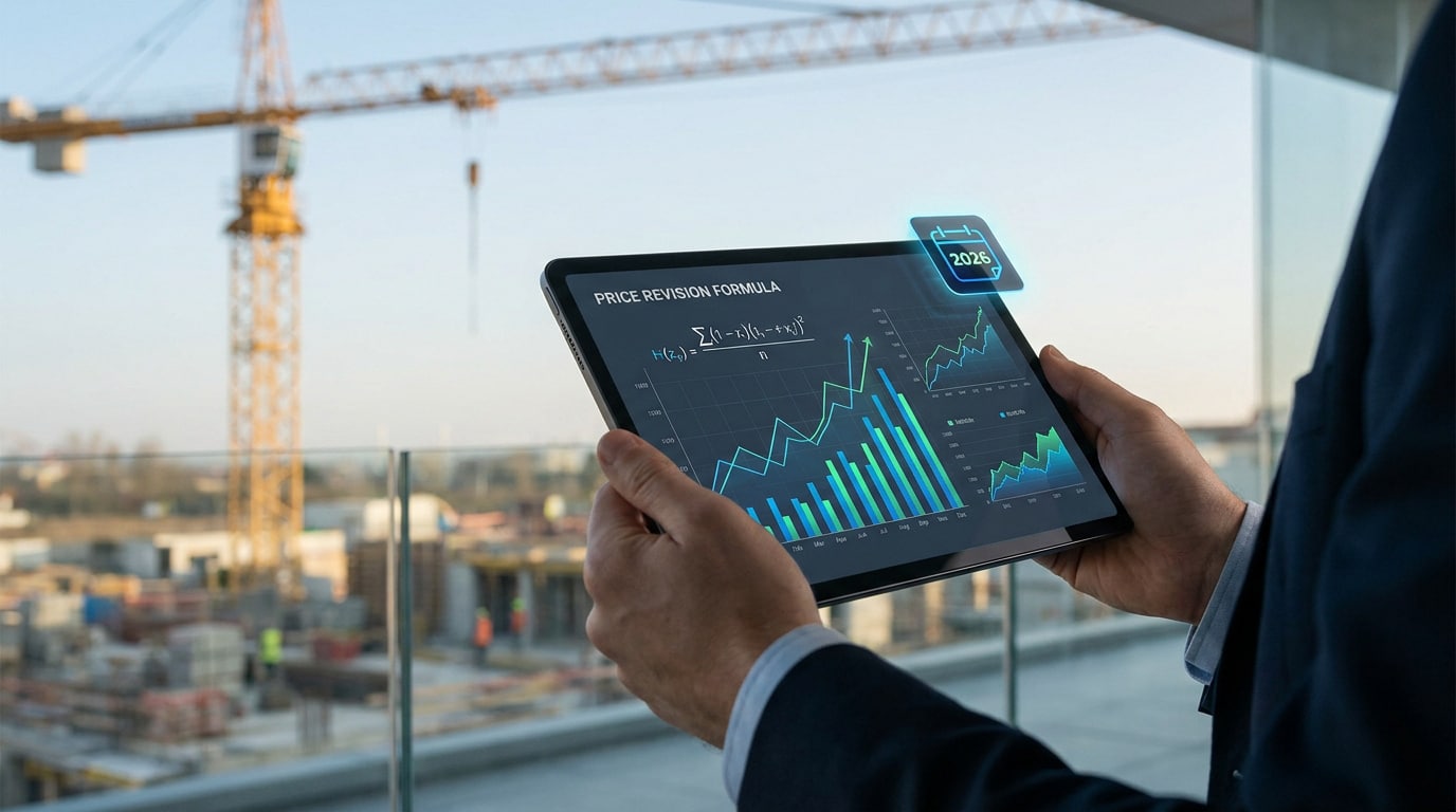 Une personne en costume tient une tablette affichant des graphiques de révision de prix devant un chantier de construction.