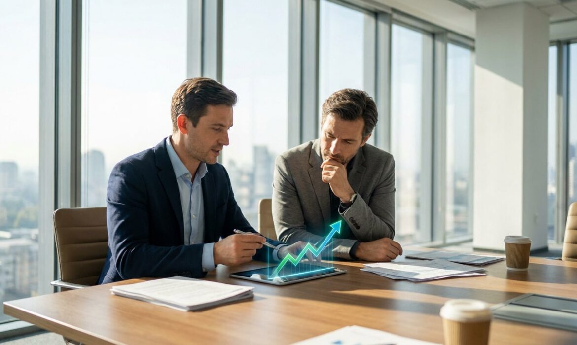 Deux hommes d'affaires analysant une courbe de croissance numérique sur une tablette dans un bureau moderne.