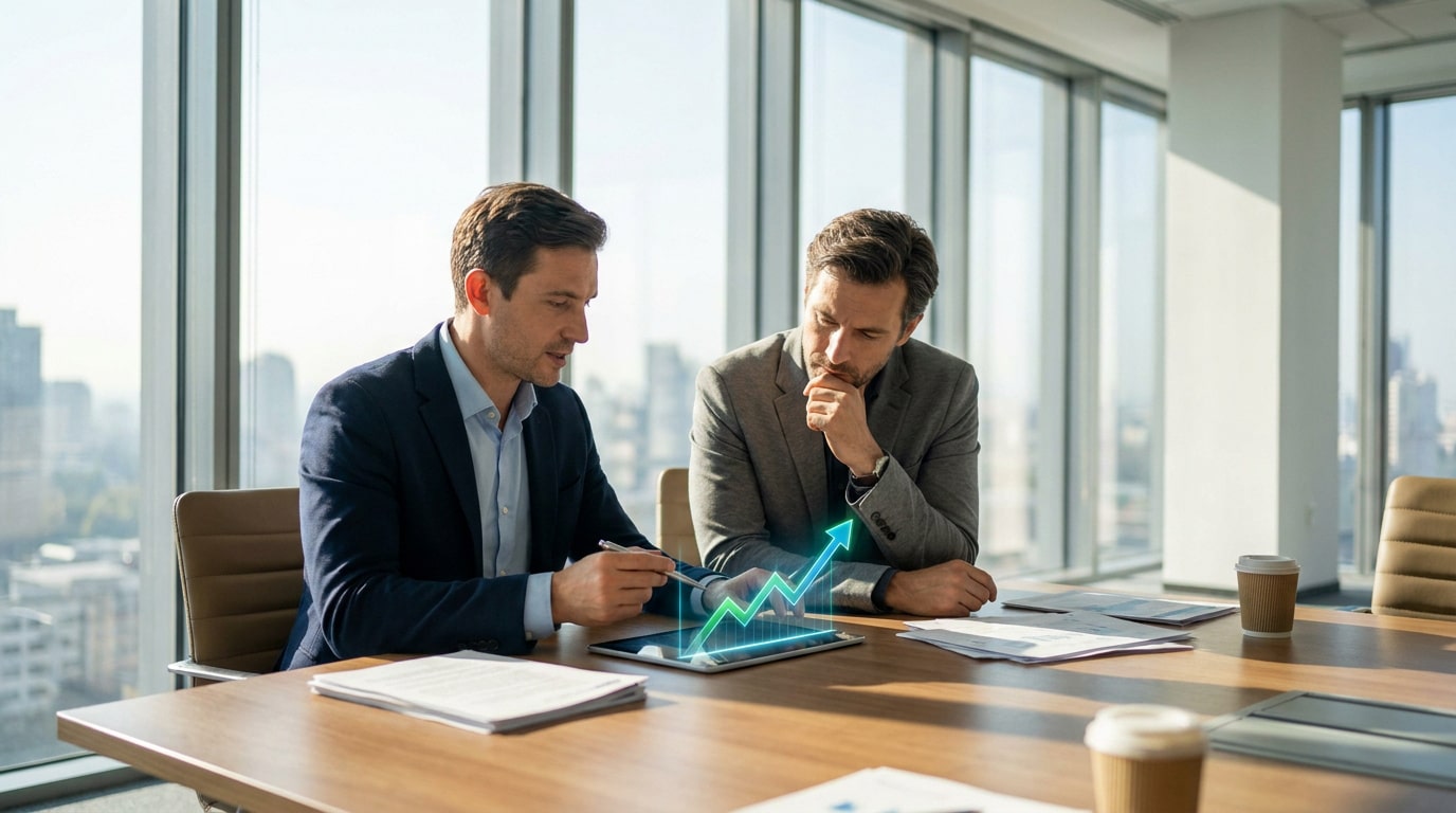 Deux hommes d'affaires analysant une courbe de croissance numérique sur une tablette dans un bureau moderne.