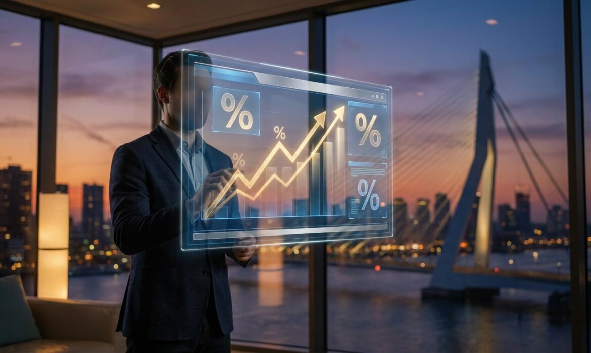 Un homme en costume interagit avec un graphique holographique affichant des taux de croissance devant un paysage urbain.