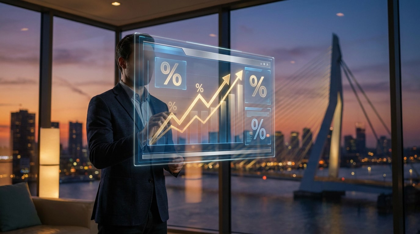 Un homme en costume interagit avec un graphique holographique affichant des taux de croissance devant un paysage urbain.