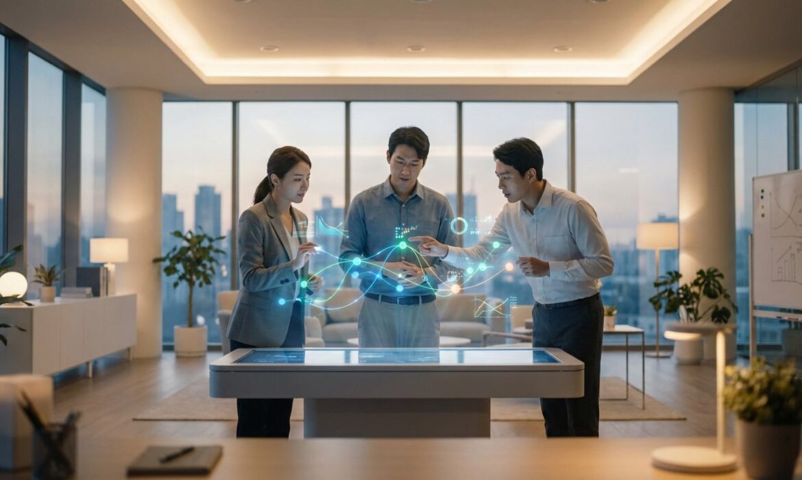 Trois professionnels analysant des graphiques de données interactifs sur une table numérique dans un bureau moderne.