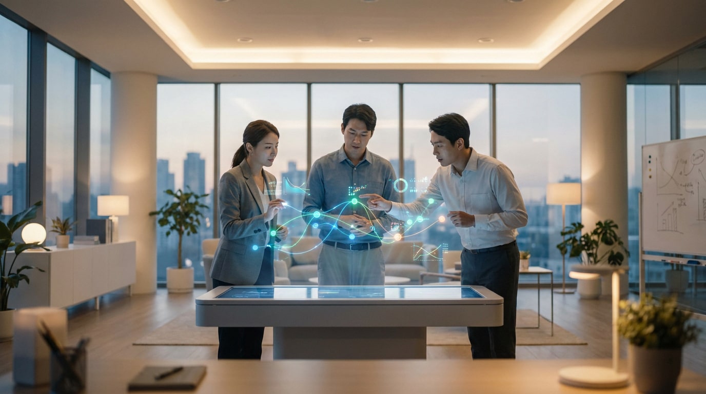 Analyse stratégique via interface numérique Trois professionnels analysant des graphiques de données interactifs sur une table numérique dans un bureau moderne.