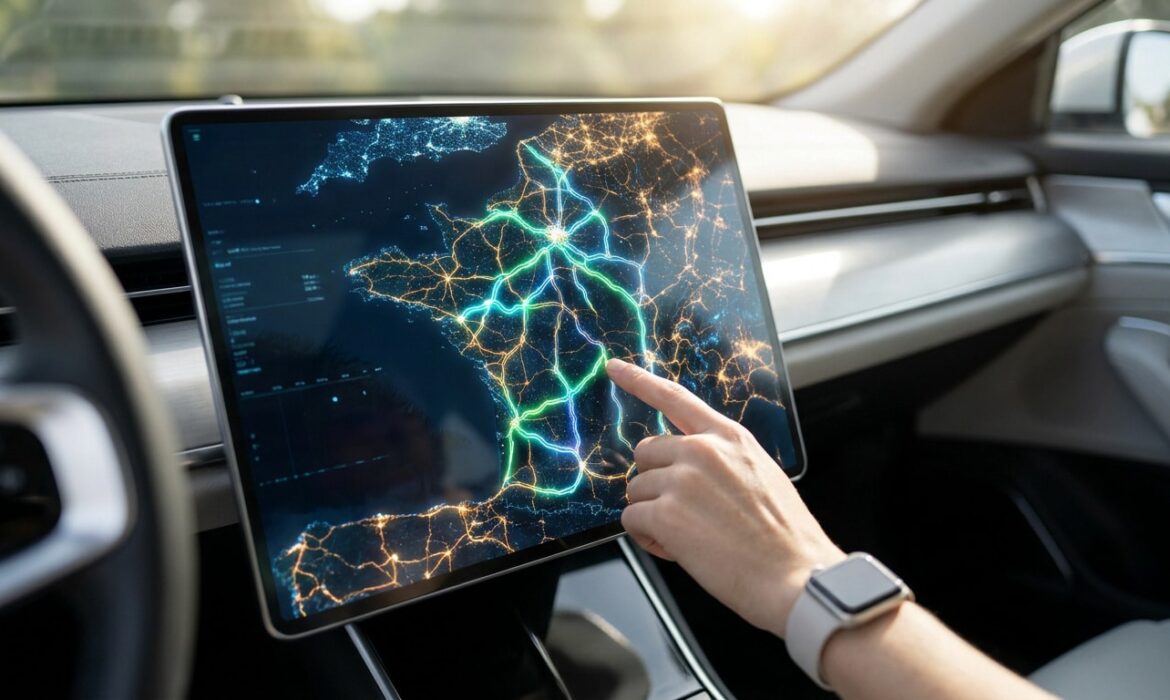 Une main utilisant un écran tactile de voiture affichant une carte numérique lumineuse des autoroutes en France.