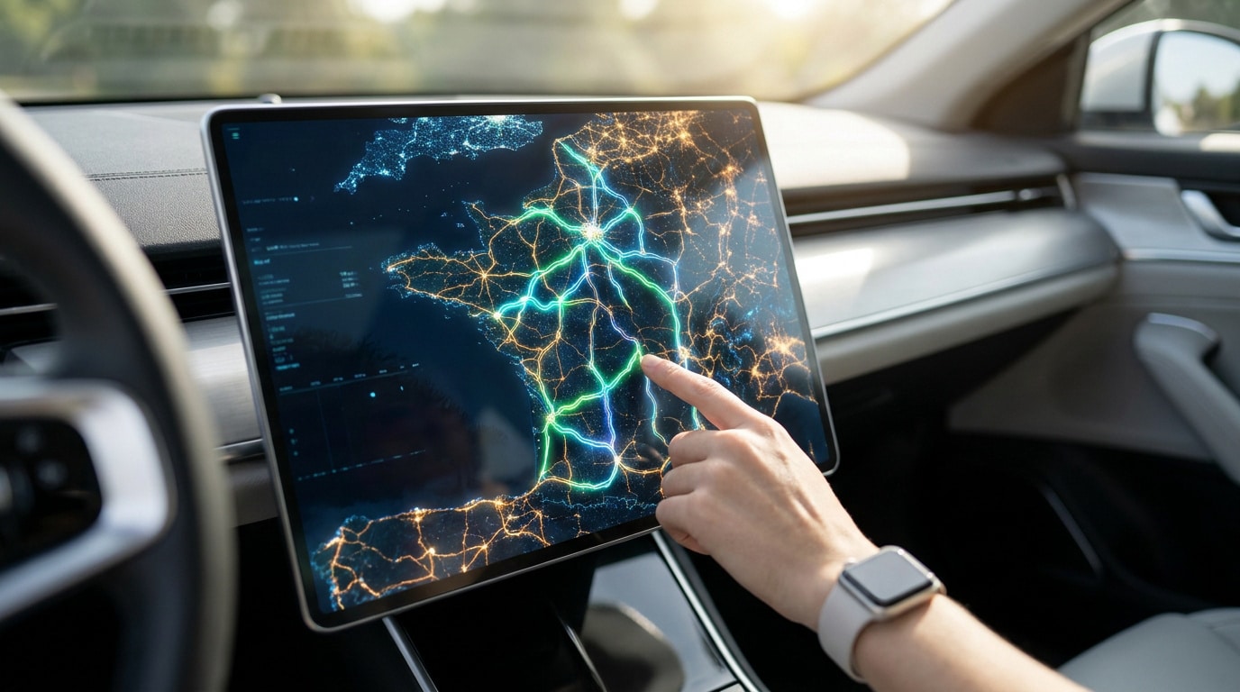 Une main utilisant un écran tactile de voiture affichant une carte numérique lumineuse des autoroutes en France.
