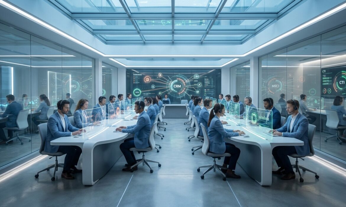 Employés dans un centre d'appels futuriste utilisant des interfaces holographiques pour la gestion de la relation client.