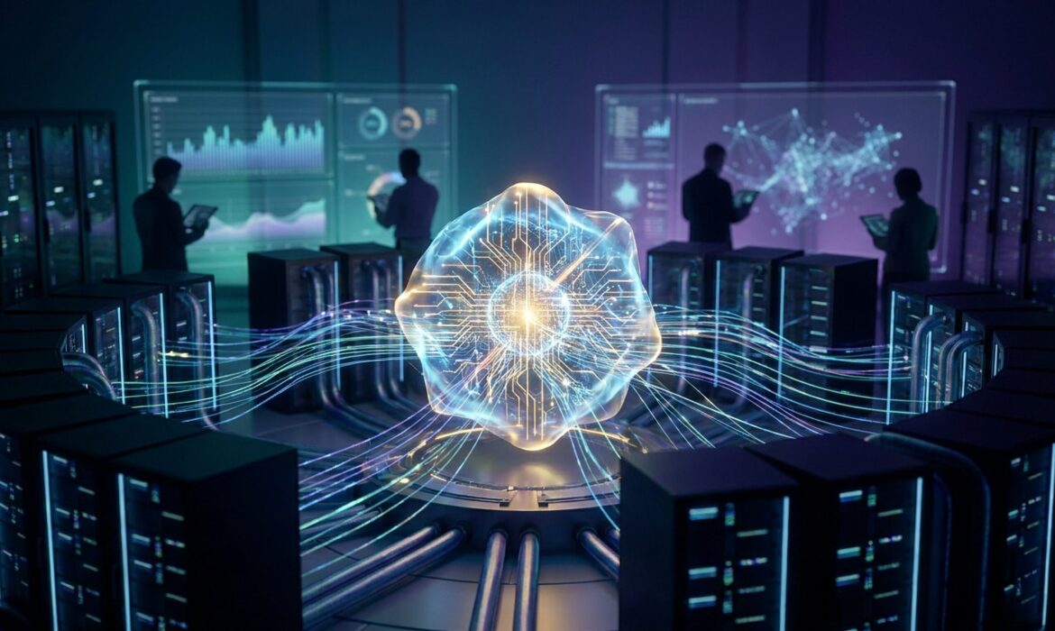 Centre de données futuriste avec des serveurs entourant un noyau d'énergie numérique et des analystes en arrière-plan.