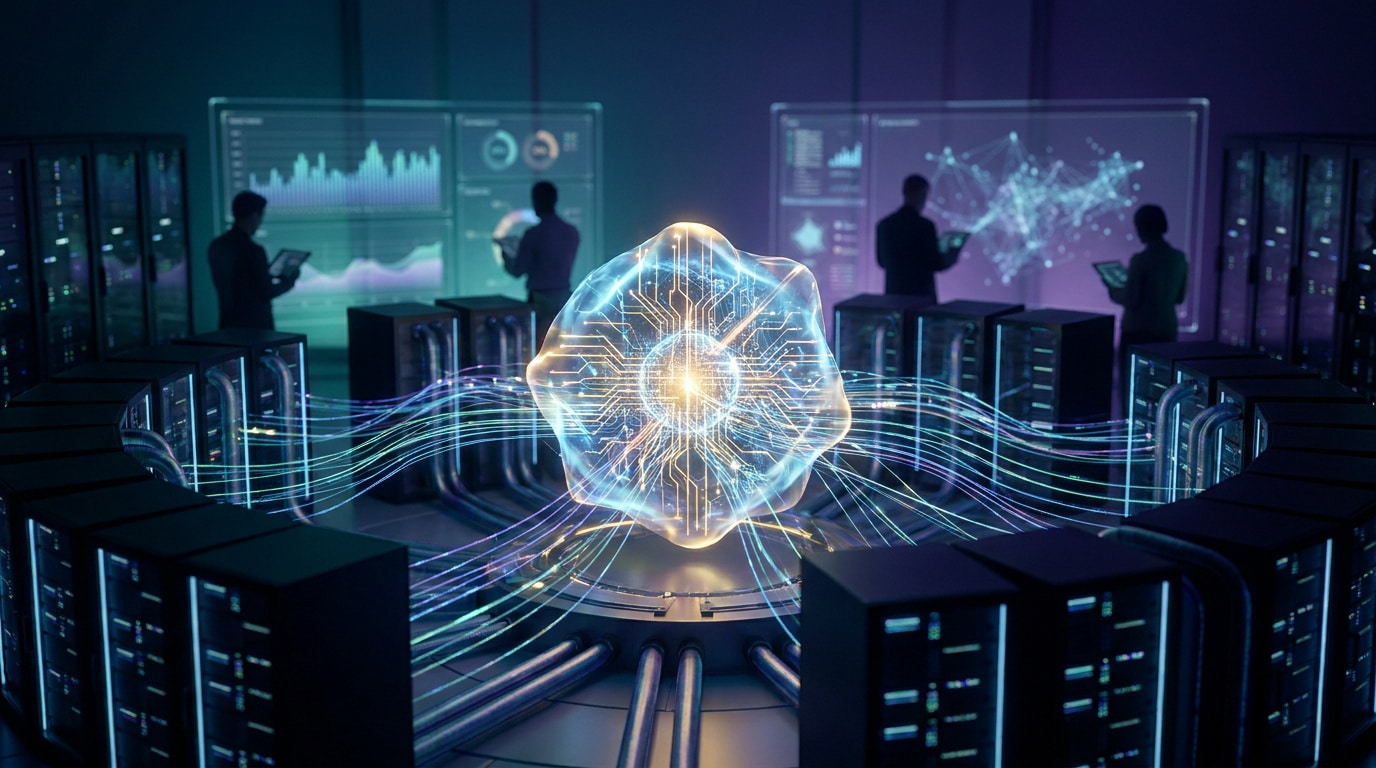 Centre de données futuriste avec des serveurs entourant un noyau d'énergie numérique et des analystes en arrière-plan.